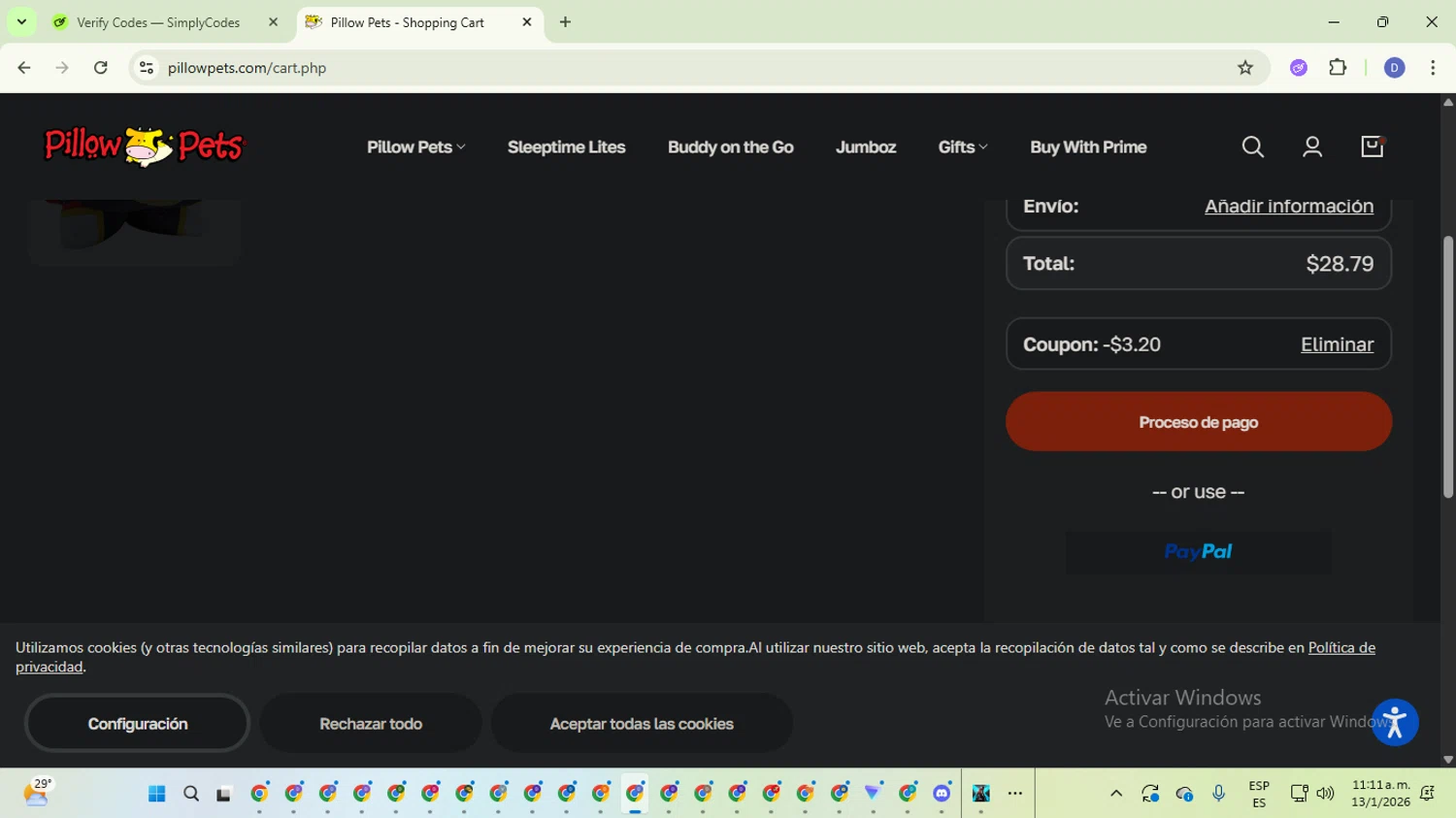Pillow Pets checkout page showing Pillow Pets discount code box | Screenshot taken by SimplyCodes community member on Jan 13, 2026
