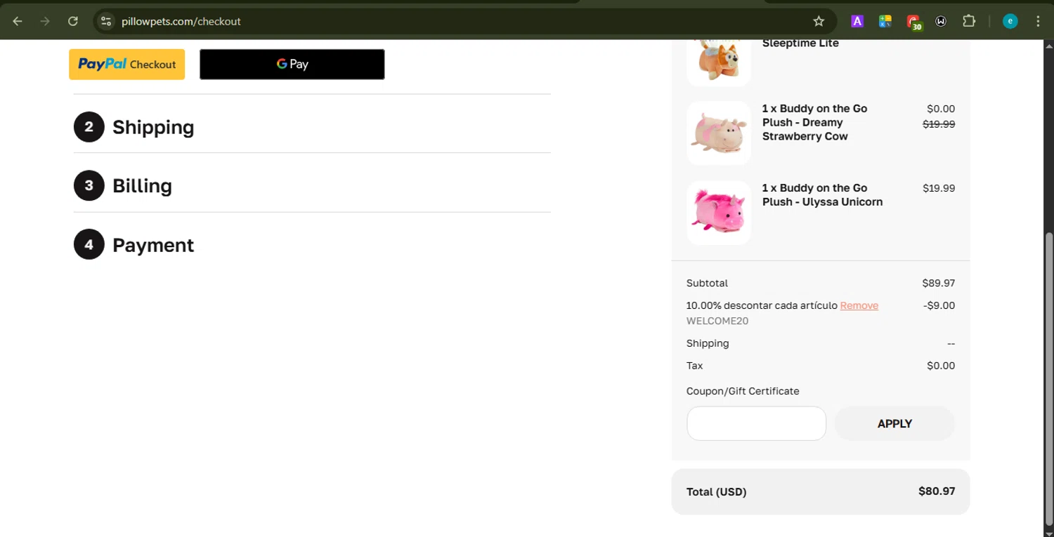 Pillow Pets discount code screenshot showing code WELCOME20 applied at Pillow Pets checkout page. Uploaded by SimplyCodes community member LOVECOUPON on Dec 15, 2025