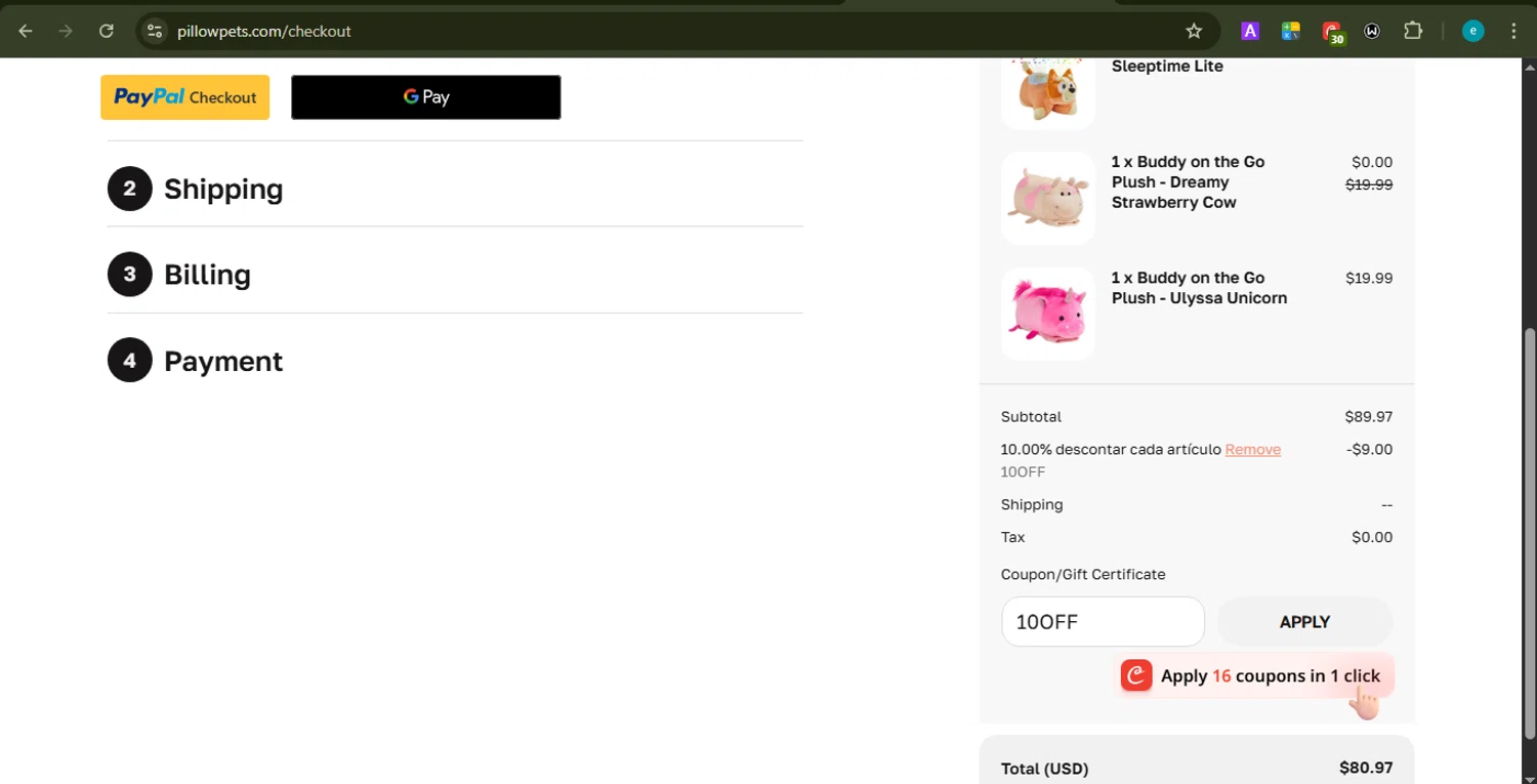 Pillow Pets discount code screenshot showing code 10OFF applied at Pillow Pets checkout page. Uploaded by SimplyCodes community member LOVECOUPON on Dec 15, 2025