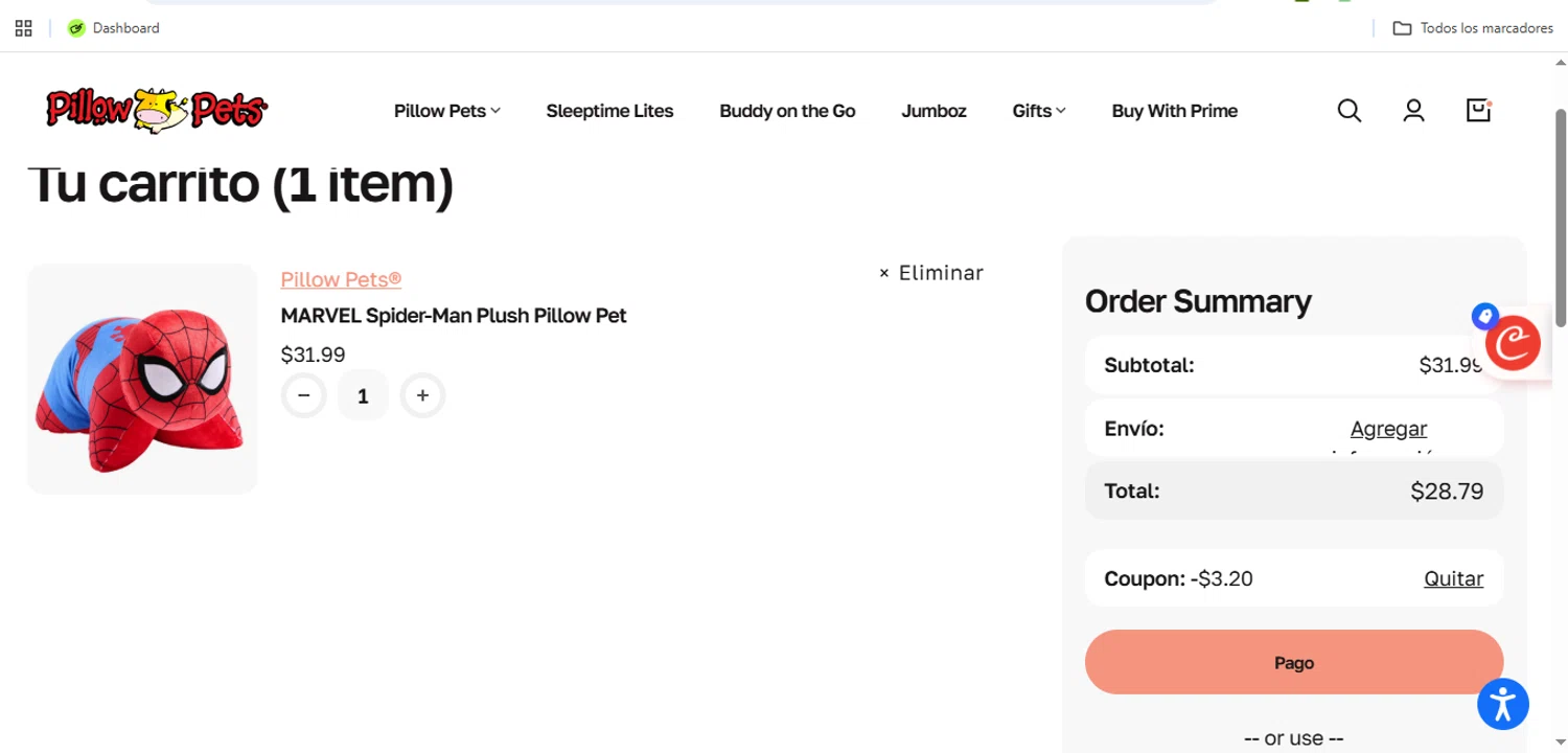 Pillow Pets discount code screenshot showing code WELCOME applied at Pillow Pets checkout page. Uploaded by SimplyCodes community member Speedy on Jan 13, 2026