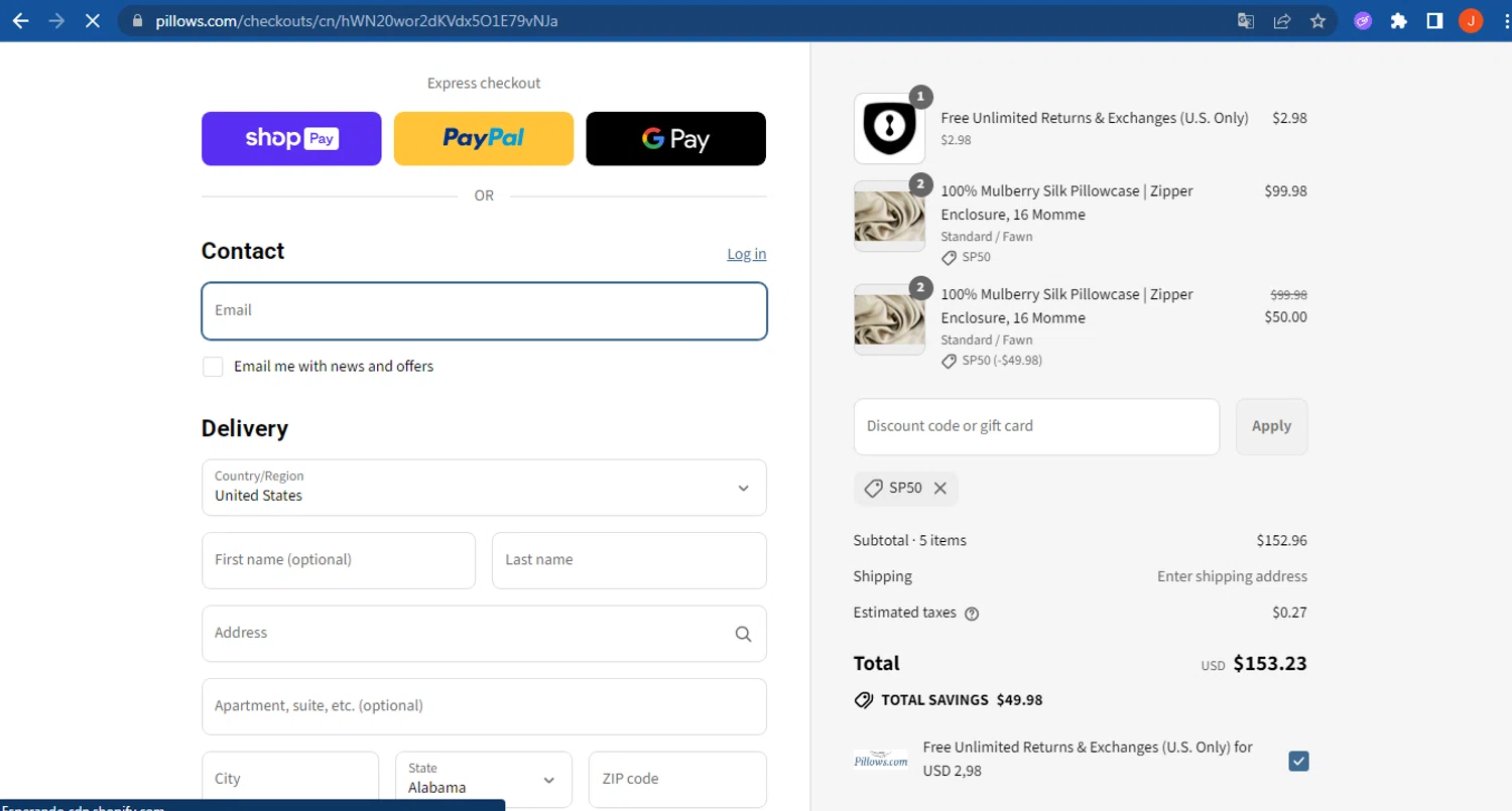 Pillows coupon code screenshot showing code sp50 applied at Pillows checkout page. Uploaded by SimplyCodes community member FranquizJoel on Aug 20, 2025