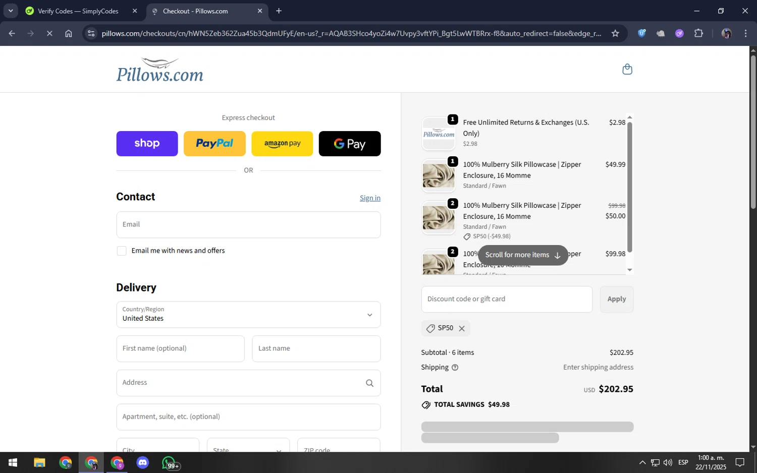 Pillows coupon code screenshot showing code sp50 applied at Pillows checkout page. Uploaded by SimplyCodes community member akamiguel on Nov 22, 2025