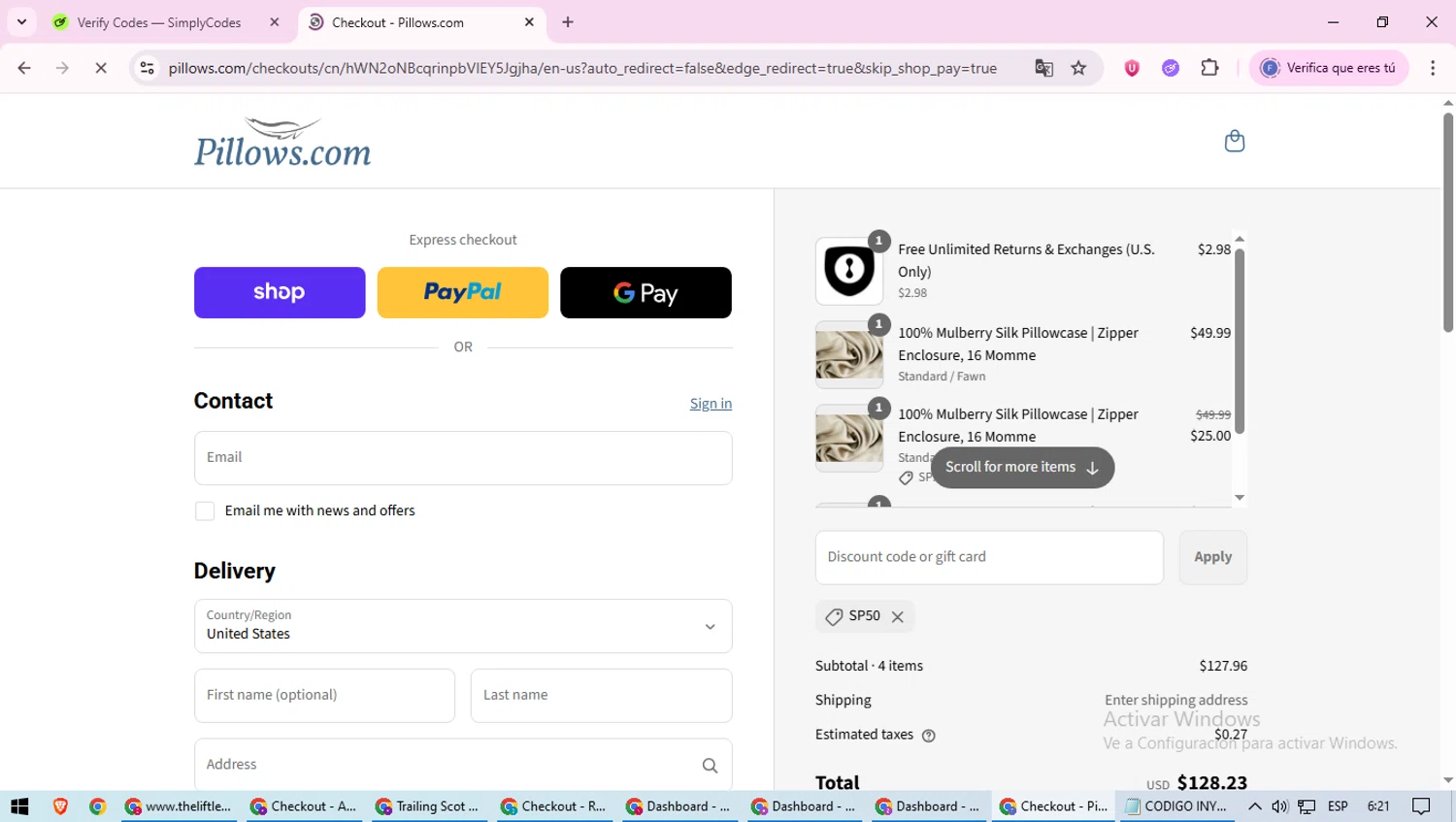 Pillows coupon code screenshot showing code sp50 applied at Pillows checkout page. Uploaded by SimplyCodes community member loversuper on Sep 10, 2025