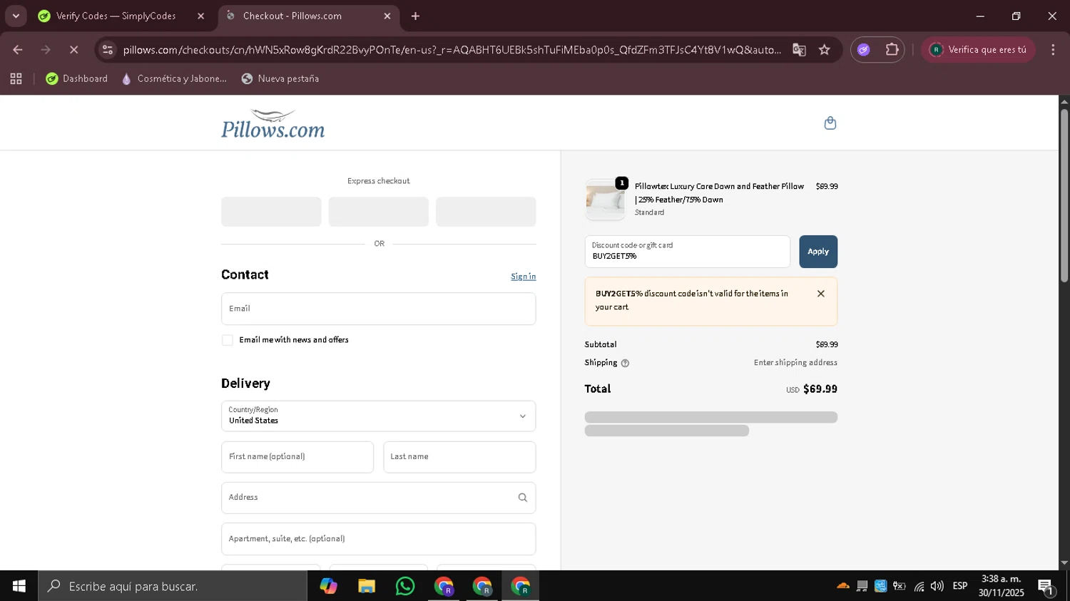 Pillows coupon code screenshot showing code BUY2GET5% applied at Pillows checkout page. Uploaded by SimplyCodes community member Coneflavols on Dec 2, 2025