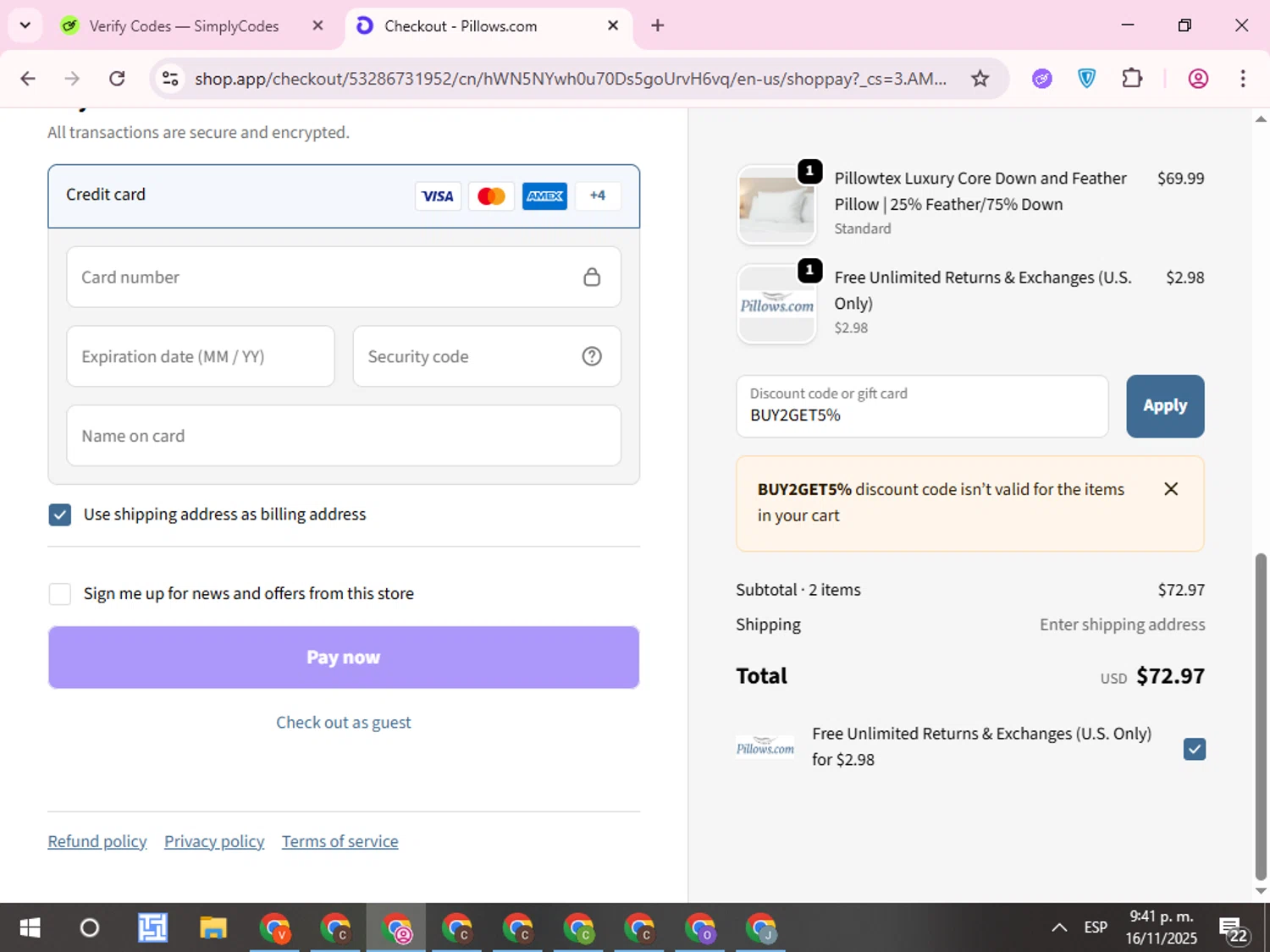 Pillows coupon code screenshot showing code BUY2GET5% applied at Pillows checkout page. Uploaded by SimplyCodes community member QuestCurator1644 on Nov 17, 2025