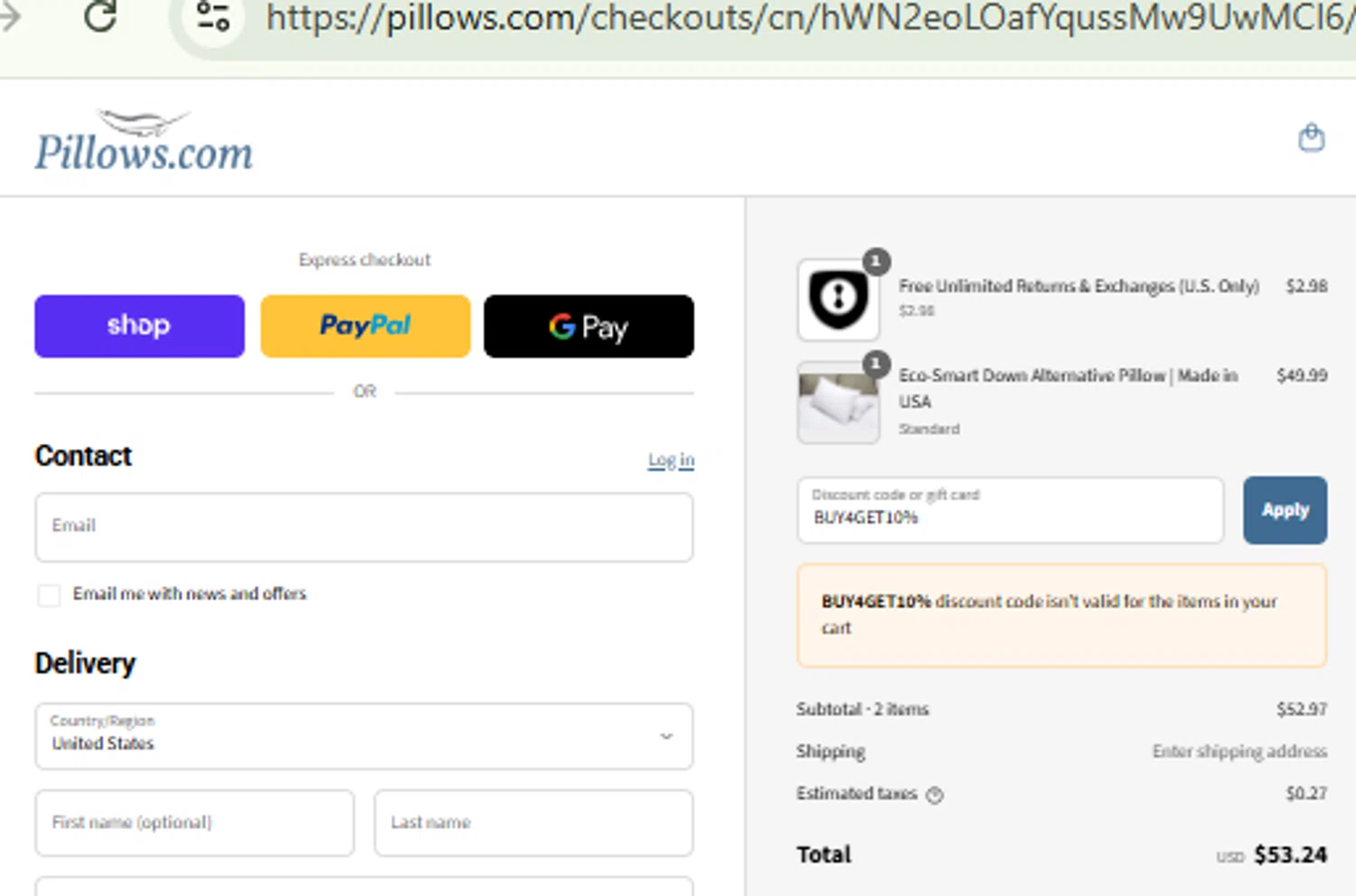 Pillows coupon code screenshot showing code BUY4GET10% applied at Pillows checkout page. Uploaded by SimplyCodes community member RewardFinder4836 on Sep 6, 2025