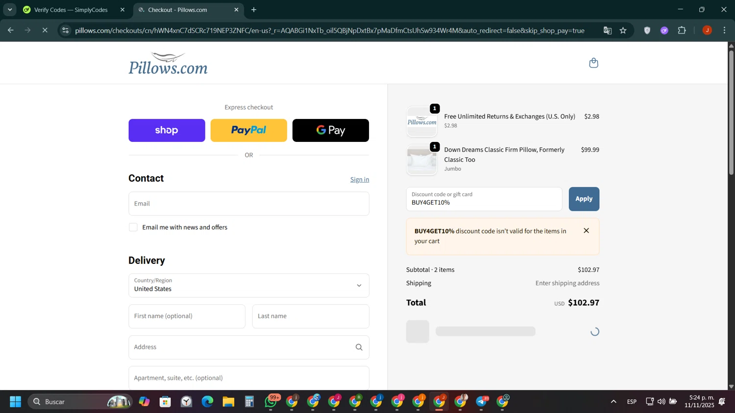Pillows coupon code screenshot showing code BUY4GET10% applied at Pillows checkout page. Uploaded by SimplyCodes community member ShieldAce8260 on Nov 11, 2025
