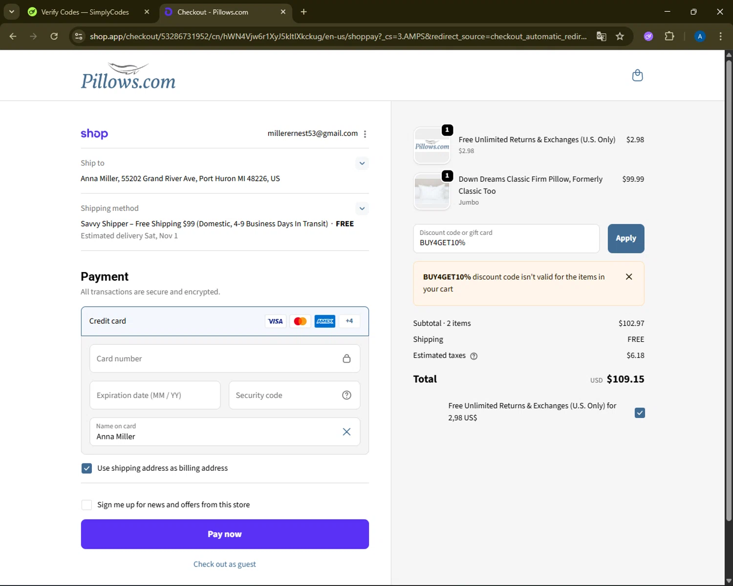 Pillows coupon code screenshot showing code BUY4GET10% applied at Pillows checkout page. Uploaded by SimplyCodes community member ShrewdMaestro6940 on Oct 25, 2025
