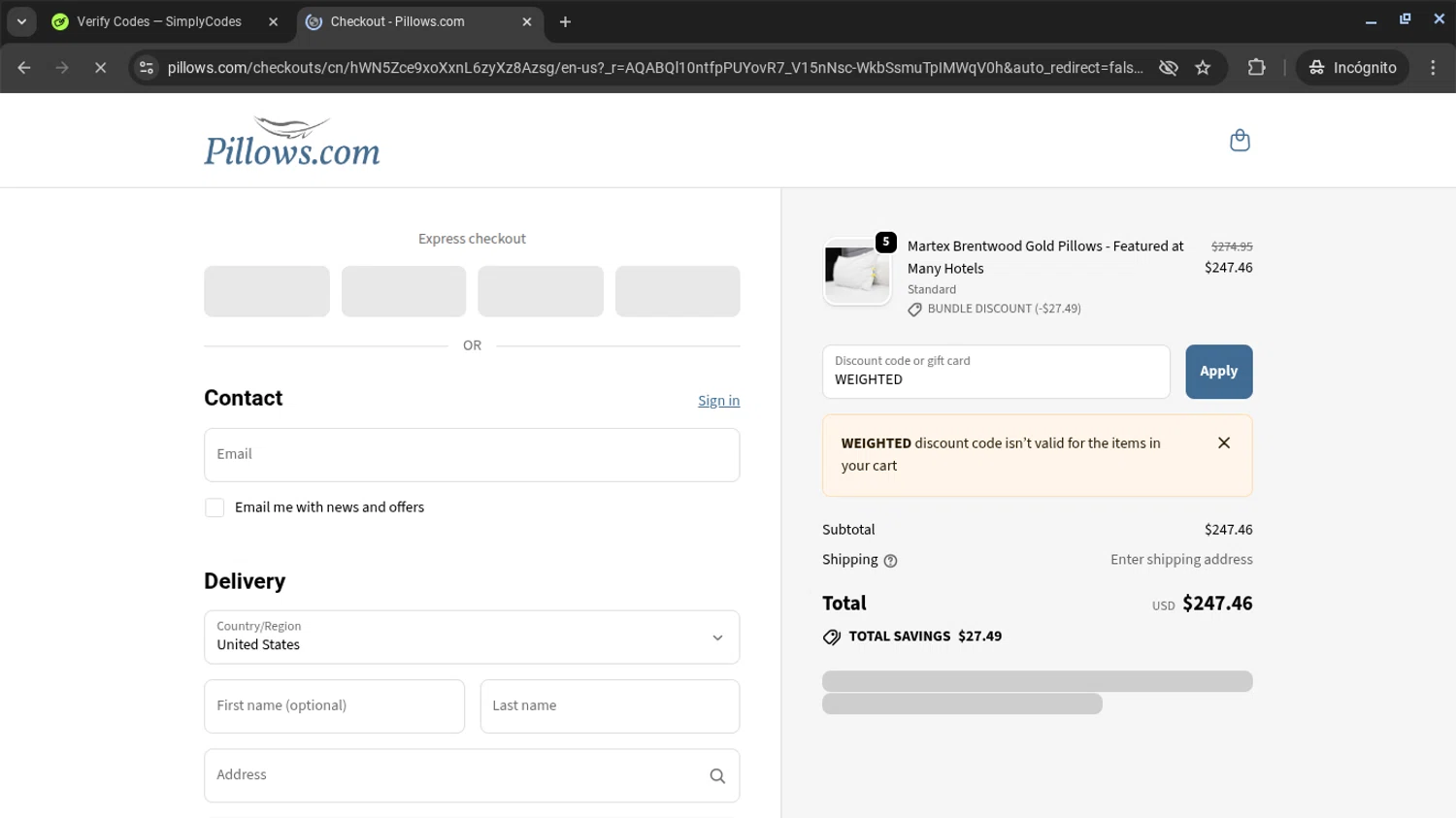 Pillows coupon code screenshot showing code WEIGHTED applied at Pillows checkout page. Uploaded by SimplyCodes community member AVAMUSTANG on Nov 22, 2025