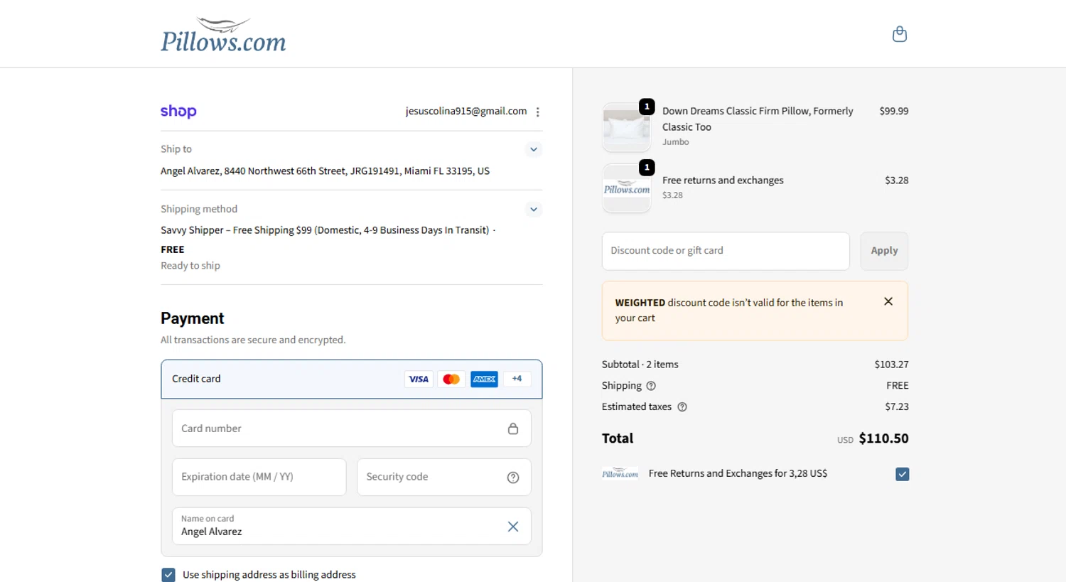 Pillows coupon code screenshot showing code WEIGHTED applied at Pillows checkout page. Uploaded by SimplyCodes community member Eliaslpz on Jan 24, 2026