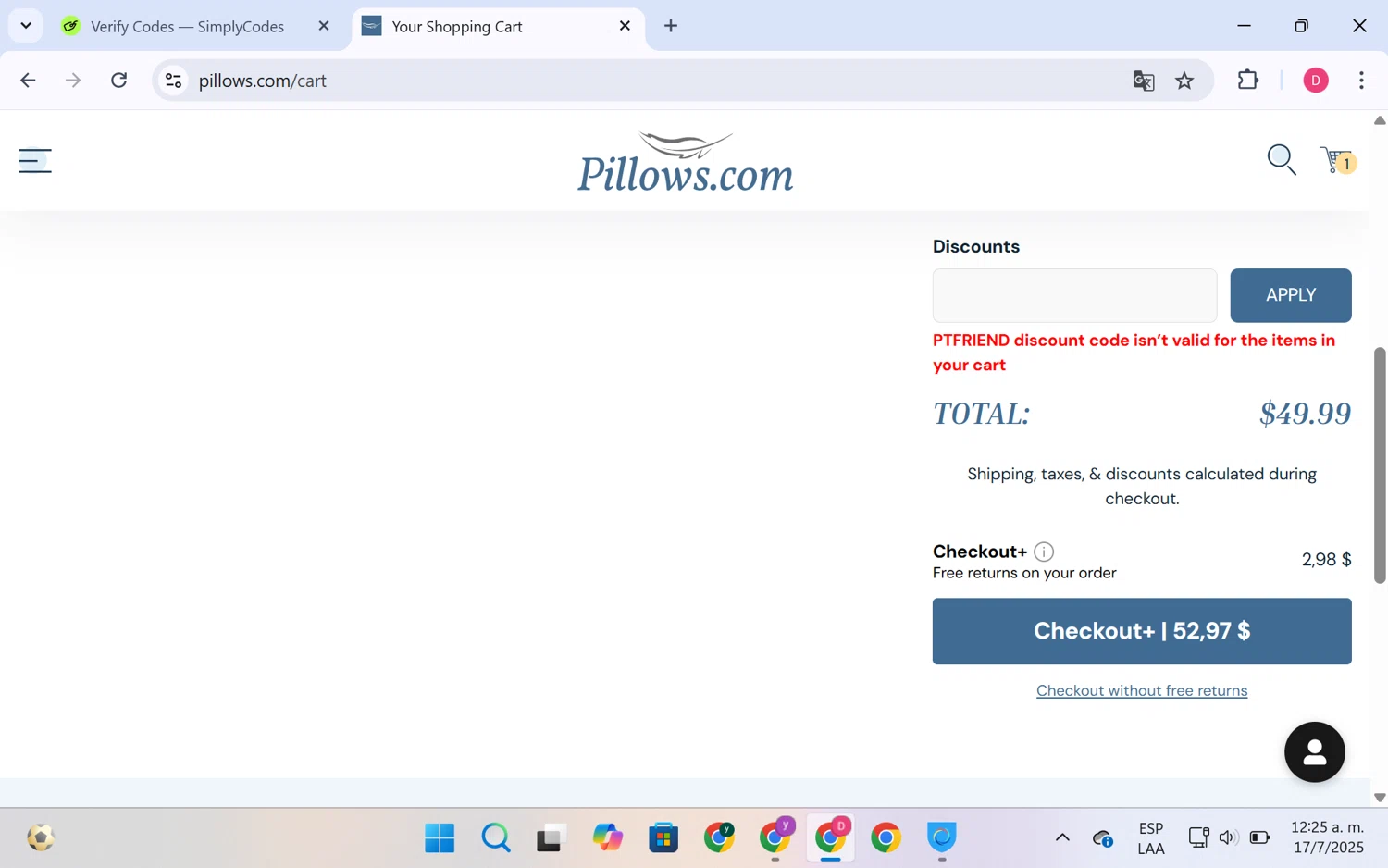 Pillows coupon code screenshot showing code PTFRIEND applied at Pillows checkout page. Uploaded by SimplyCodes community member LuckyHero4650 on Jul 17, 2025