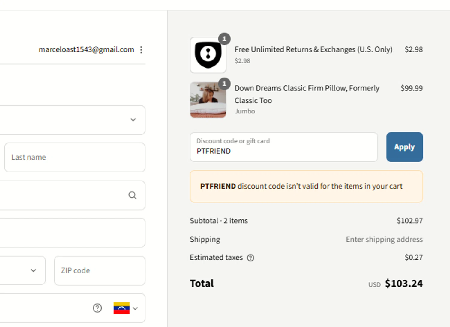 Pillows coupon code screenshot showing code PTFRIEND applied at Pillows checkout page. Uploaded by SimplyCodes community member mangoBajito1543 on Aug 7, 2025