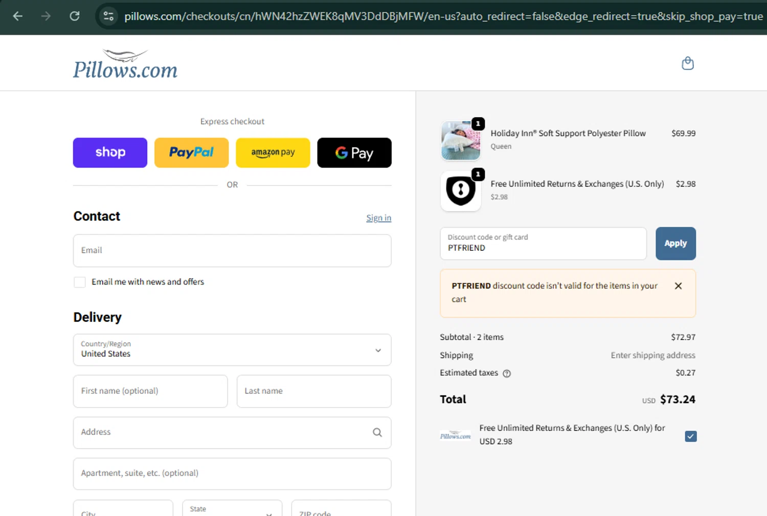 Pillows coupon code screenshot showing code PTFRIEND applied at Pillows checkout page. Uploaded by SimplyCodes community member xaswqe on Oct 12, 2025