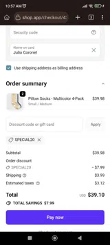 SPECIAL20 coupon verification screenshot