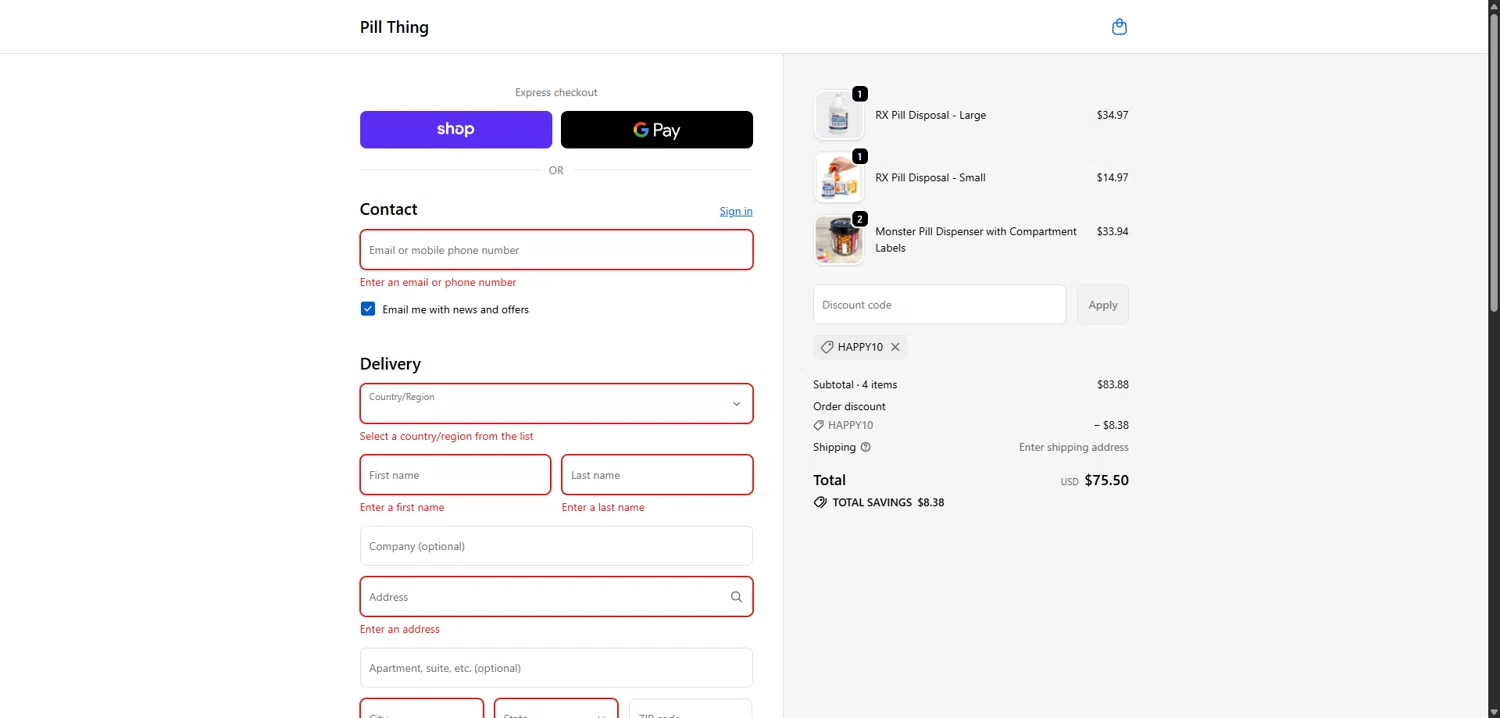 Pill Thing promo code screenshot showing code HAPPY10 applied at Pill Thing checkout page. Uploaded by SimplyCodes community member FortunateElite6708 on Nov 23, 2025