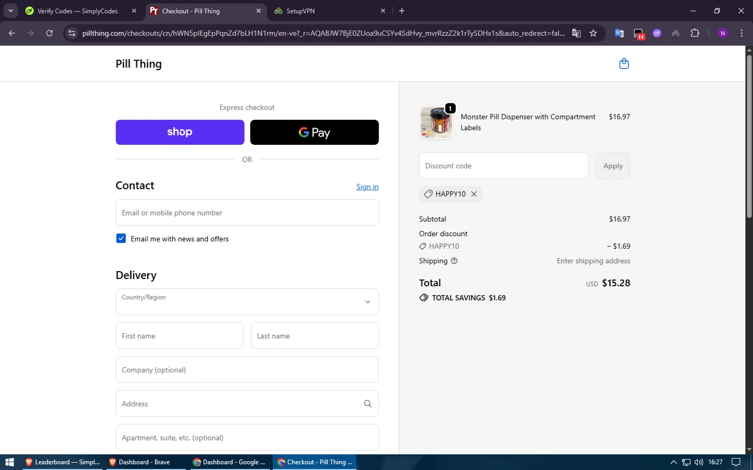 Pill Thing promo code screenshot showing code HAPPY10 applied at Pill Thing checkout page. Uploaded by SimplyCodes community member ShieldElite2370 on Nov 28, 2025