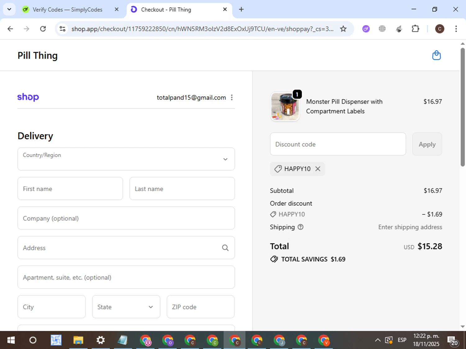 Pill Thing promo code screenshot showing code HAPPY10 applied at Pill Thing checkout page. Uploaded by SimplyCodes community member VictorL on Nov 18, 2025