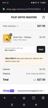 WELCOME15 coupon verification screenshot