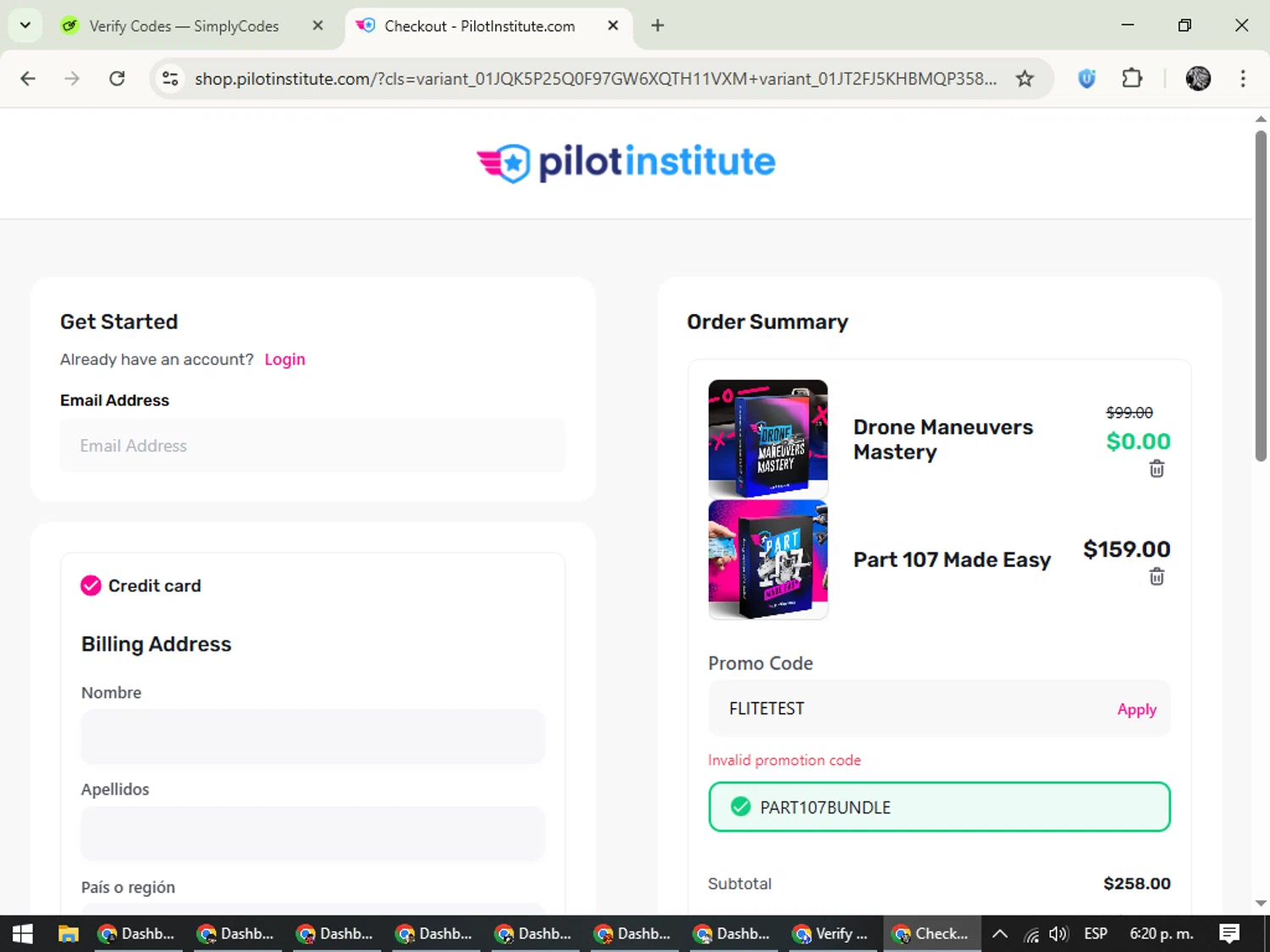 Pilot Institute coupon code screenshot showing code FLITETEST applied at Pilot Institute checkout page. Uploaded by SimplyCodes community member PrimeKnight6101 on Oct 31, 2025