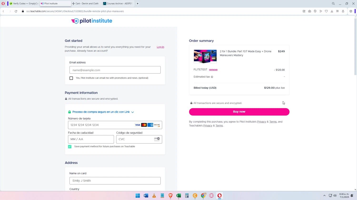 Pilot Institute coupon code screenshot showing code FLITETEST applied at Pilot Institute checkout page. Uploaded by SimplyCodes community member Darkosukaru on Jan 7, 2025