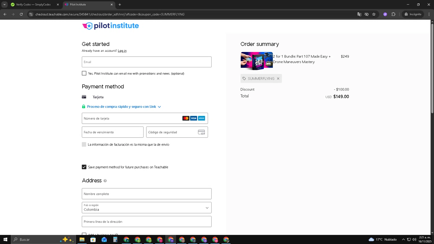 Pilot Institute coupon code screenshot showing code summerflying applied at Pilot Institute checkout page. Uploaded by SimplyCodes community member CRF250CC on Nov 16, 2025