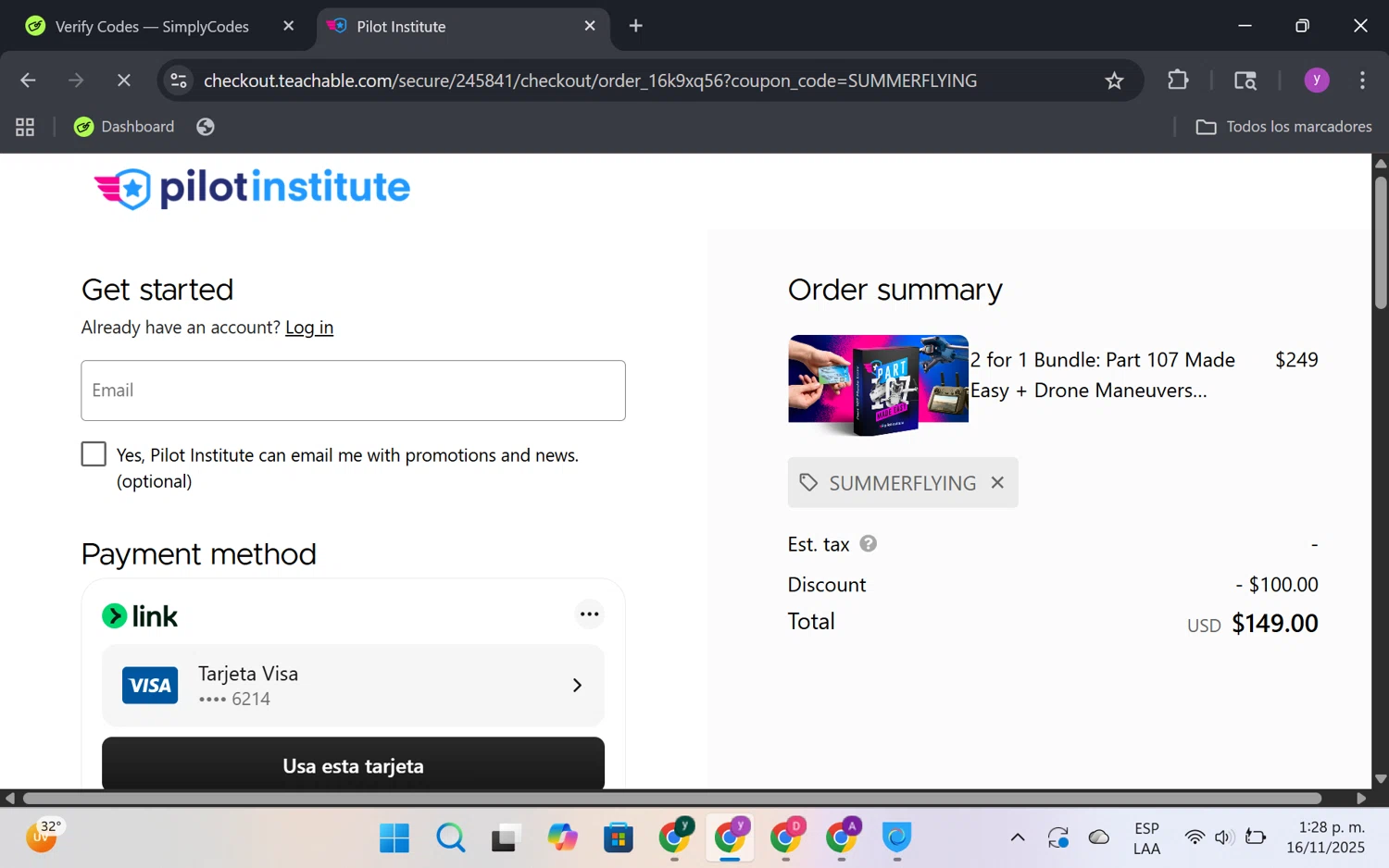 Pilot Institute coupon code screenshot showing code summerflying applied at Pilot Institute checkout page. Uploaded by SimplyCodes community member FrugalKnight6753 on Nov 16, 2025