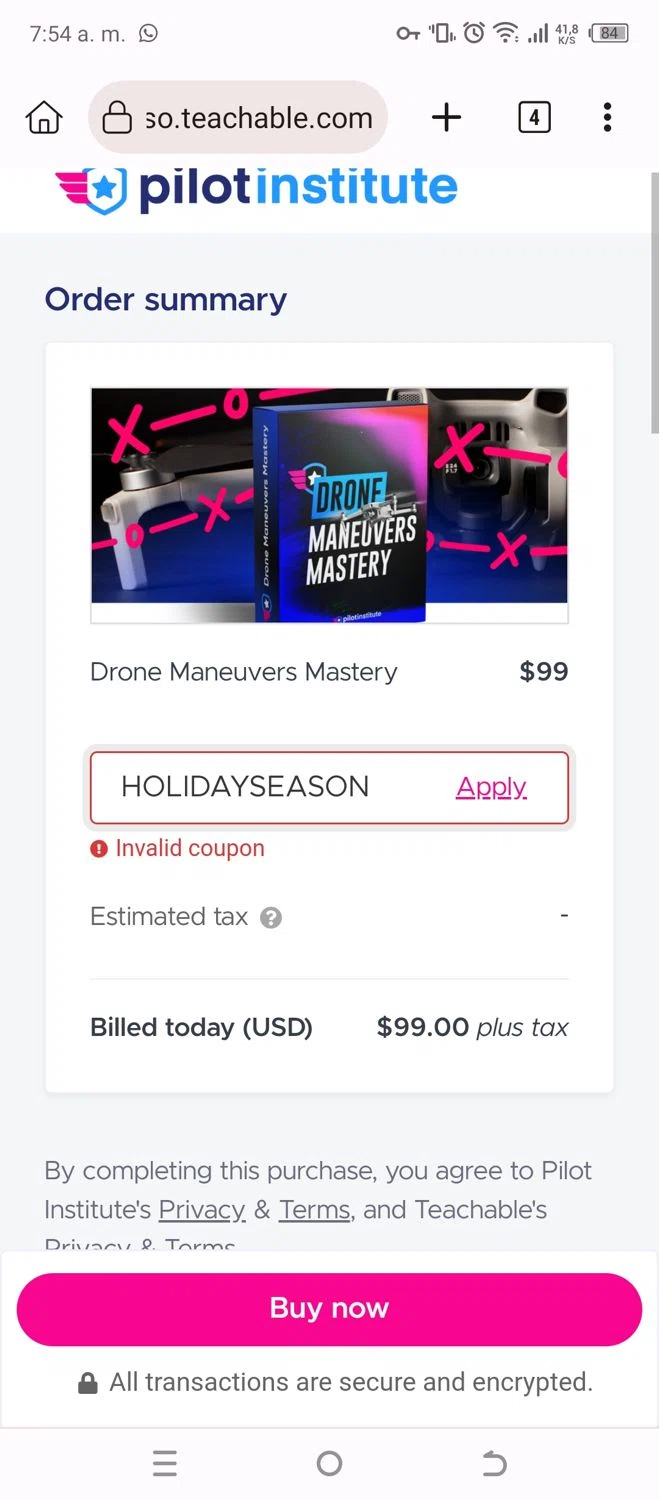 Pilot Institute coupon code screenshot showing code HOLIDAYSEASON applied at Pilot Institute checkout page. Uploaded by SimplyCodes community member AK_CIO on Dec 28, 2024