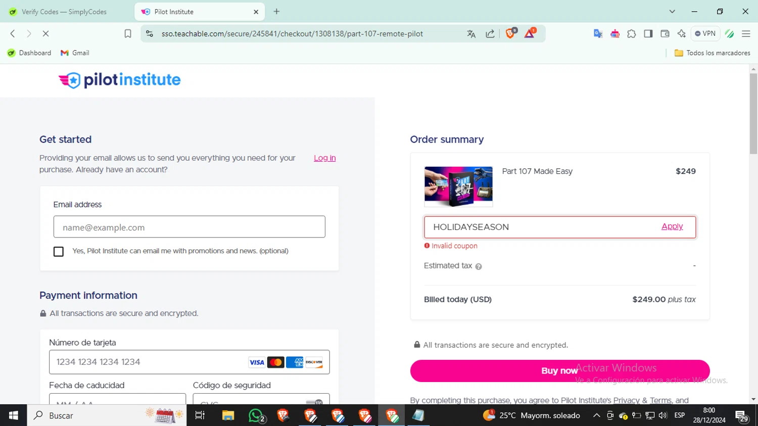 Pilot Institute coupon code screenshot showing code HOLIDAYSEASON applied at Pilot Institute checkout page. Uploaded by SimplyCodes community member SilverKnight3628 on Dec 28, 2024