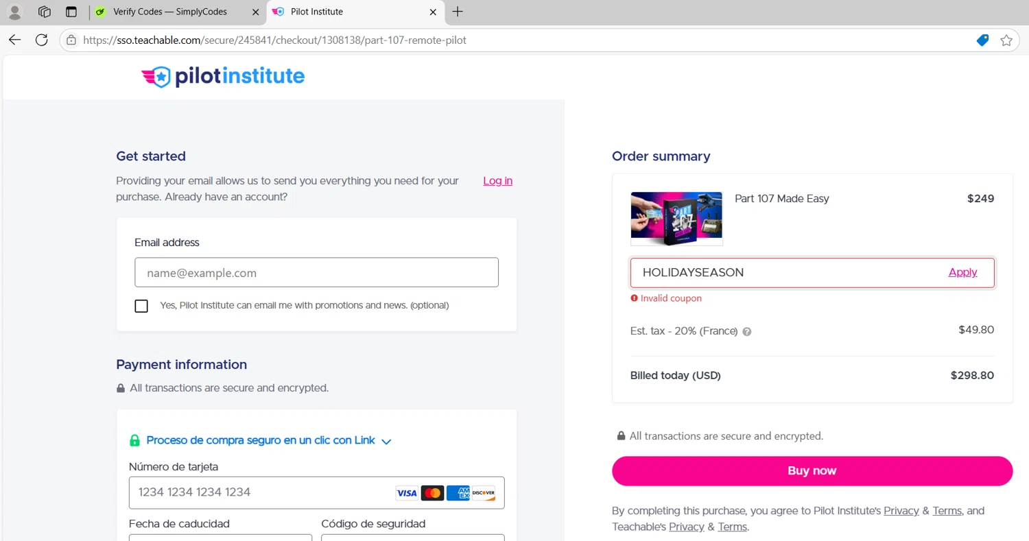 Pilot Institute coupon code screenshot showing code HOLIDAYSEASON applied at Pilot Institute checkout page. Uploaded by SimplyCodes community member RoyalNavigator1011 on Dec 28, 2024