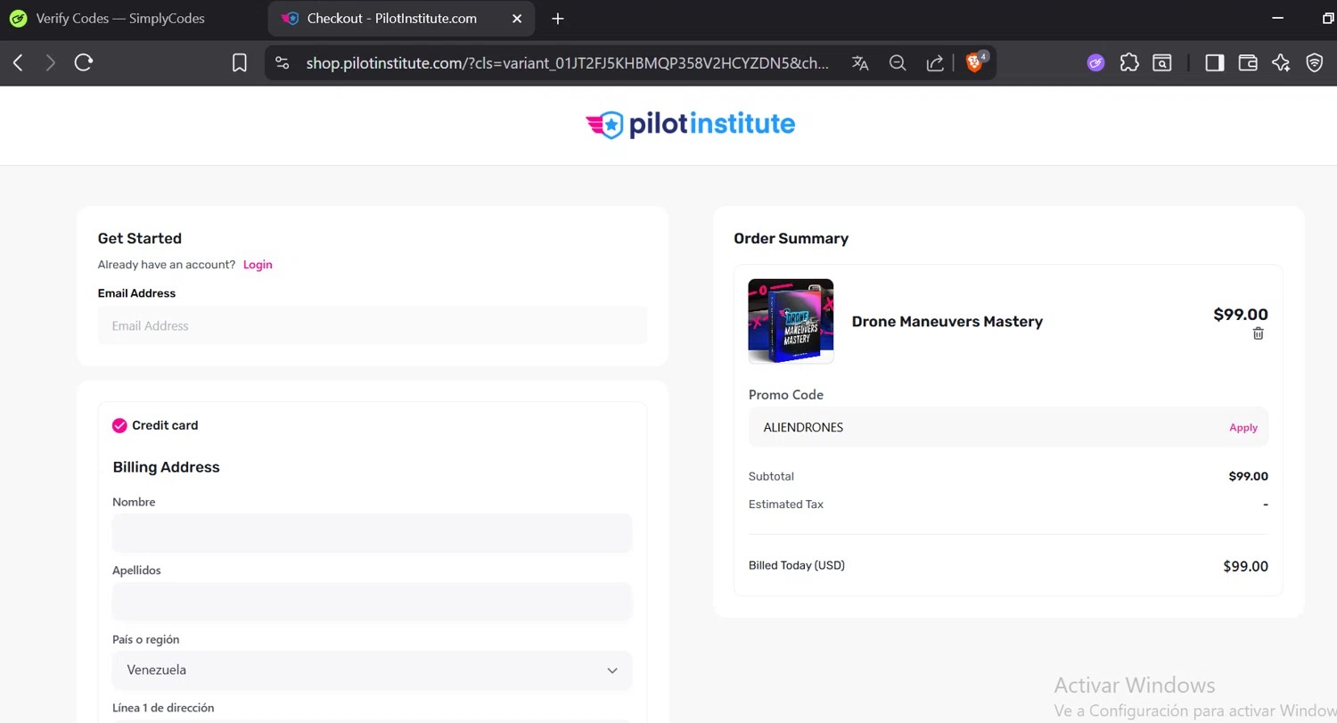 Pilot Institute coupon code screenshot showing code ALIENDRONES applied at Pilot Institute checkout page. Uploaded by SimplyCodes community member CoinOwl5103 on Sep 14, 2025
