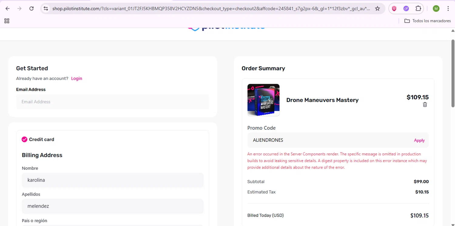 Pilot Institute coupon code screenshot showing code ALIENDRONES applied at Pilot Institute checkout page. Uploaded by SimplyCodes community member SaleSentinel7319 on Sep 14, 2025