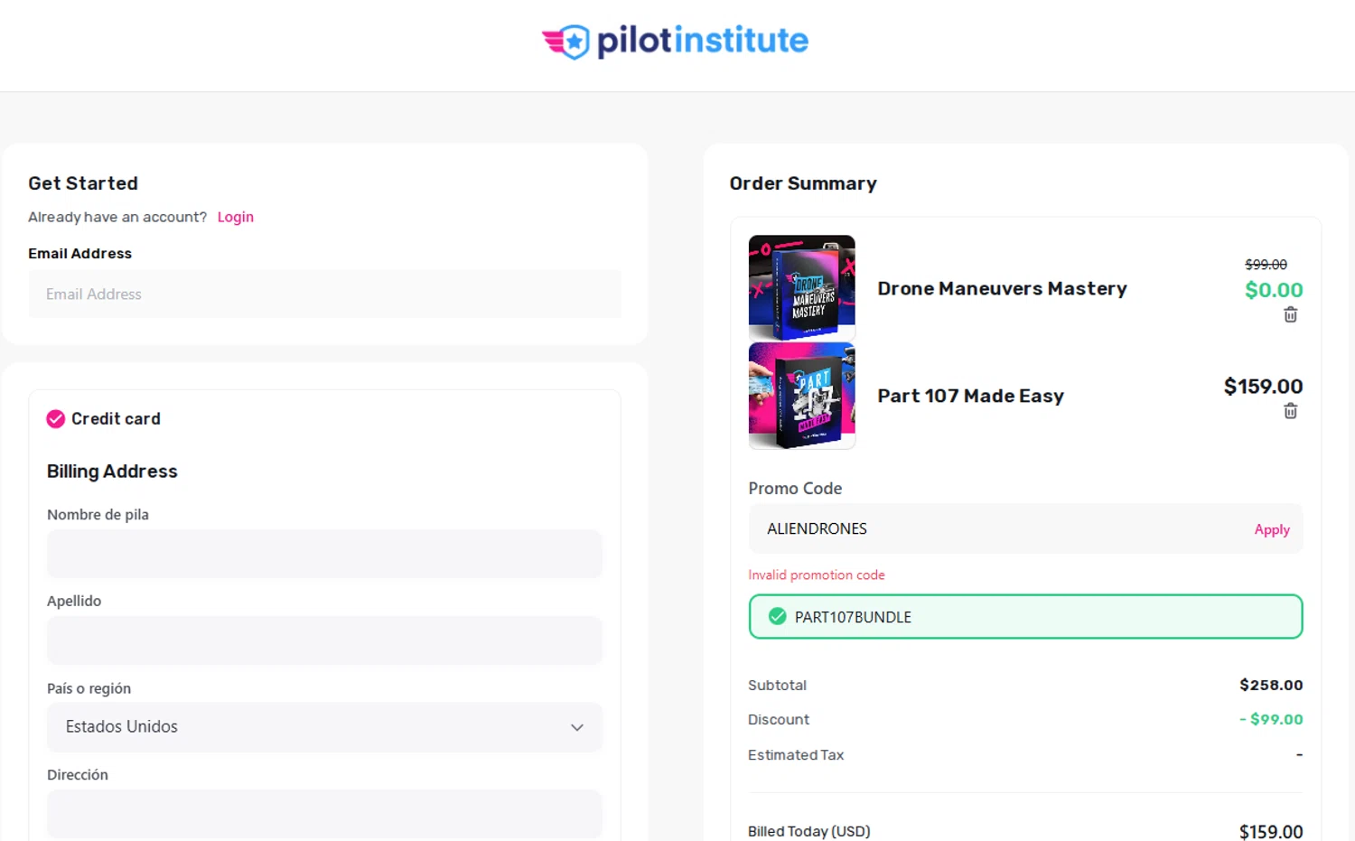 Pilot Institute coupon code screenshot showing code ALIENDRONES applied at Pilot Institute checkout page. Uploaded by SimplyCodes community member ThriftyShopper3669 on Sep 14, 2025