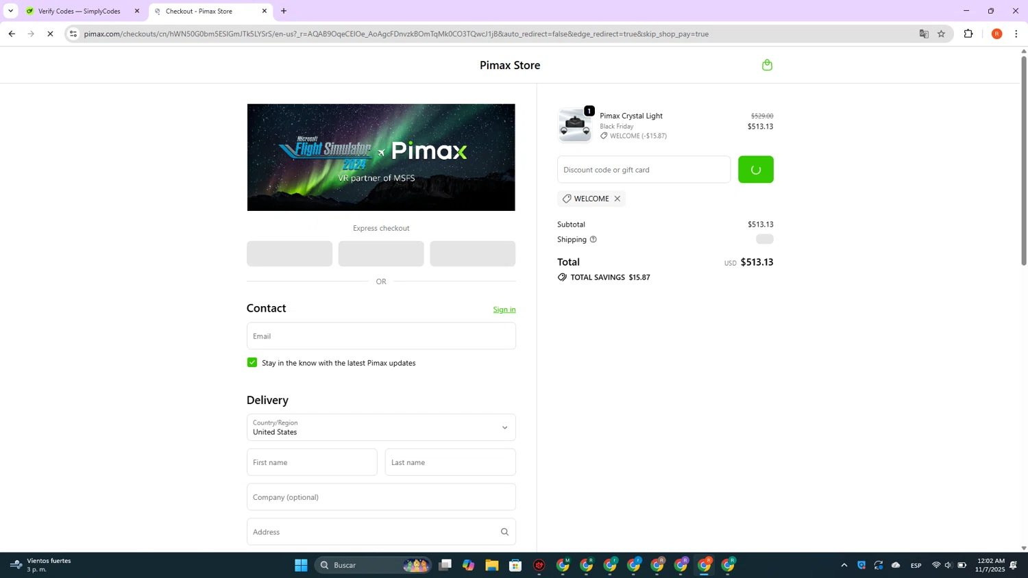 Pimax discount code screenshot showing code Welcome applied at Pimax checkout page. Uploaded by SimplyCodes community member DealVirtuoso2241 on Nov 7, 2025