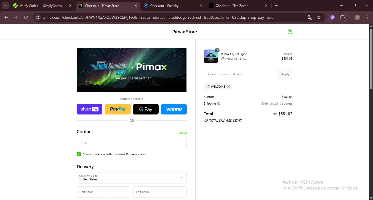 Pimax discount code screenshot showing code Welcome applied at Pimax checkout page. Uploaded by SimplyCodes community member GoldRanger7896 on Aug 8, 2025