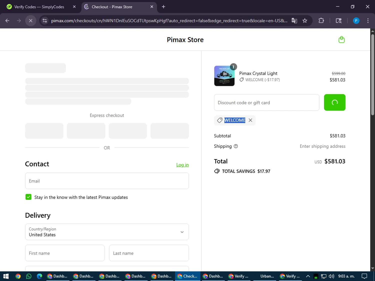Pimax discount code screenshot showing code Welcome applied at Pimax checkout page. Uploaded by SimplyCodes community member juiceWRLD on Jul 30, 2025