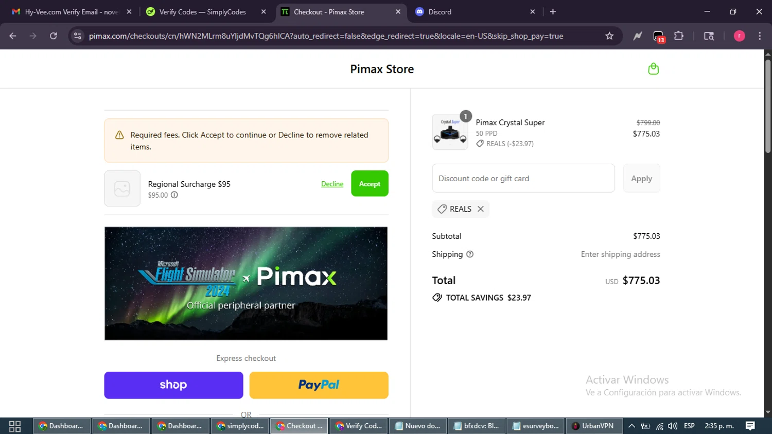 Pimax discount code screenshot showing code Reals applied at Pimax checkout page. Uploaded by SimplyCodes community member WisePro3739 on Aug 29, 2025
