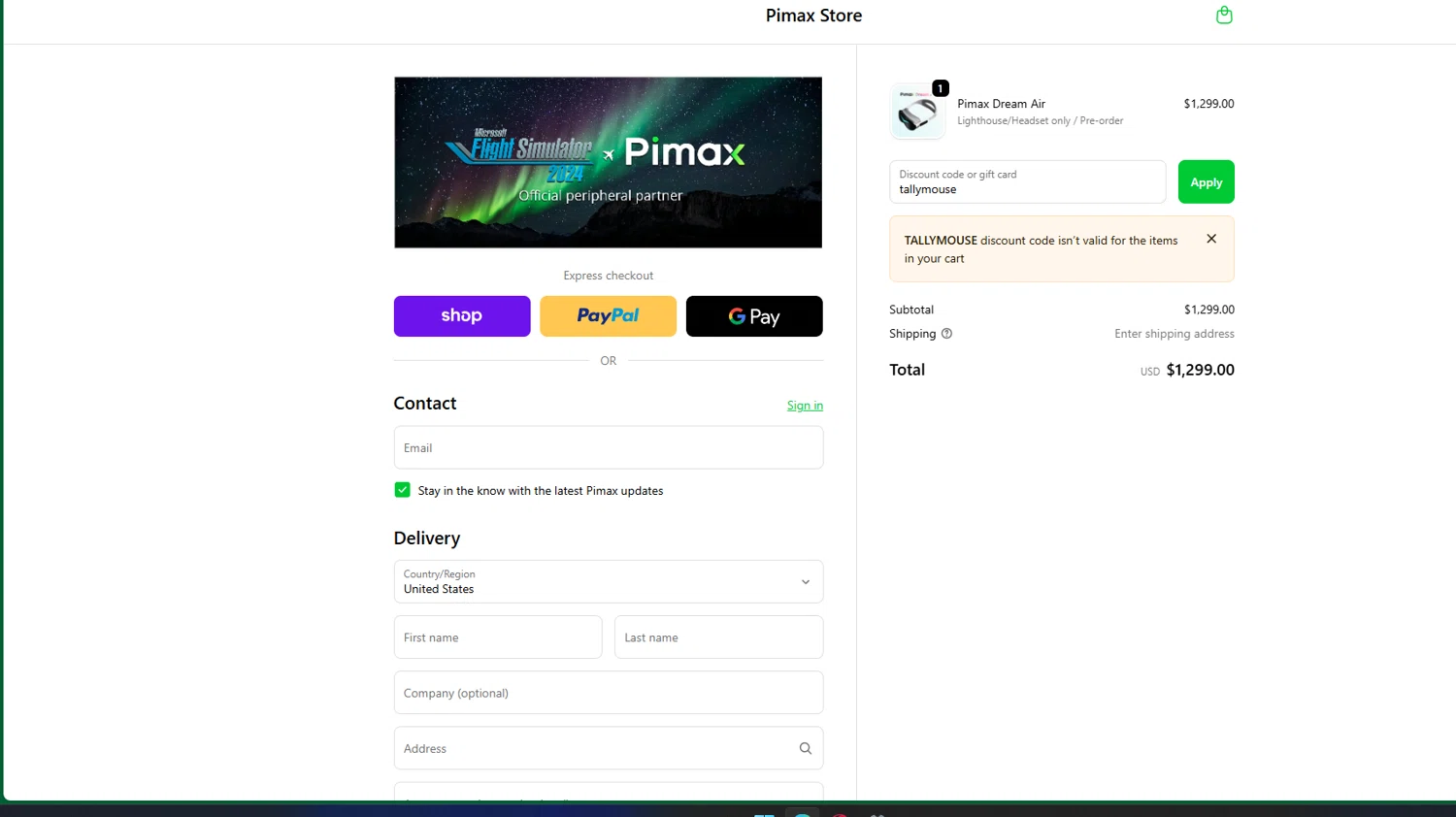 Pimax discount code screenshot showing code tallymouse applied at Pimax checkout page. Uploaded by SimplyCodes community member chepipro on Oct 21, 2025