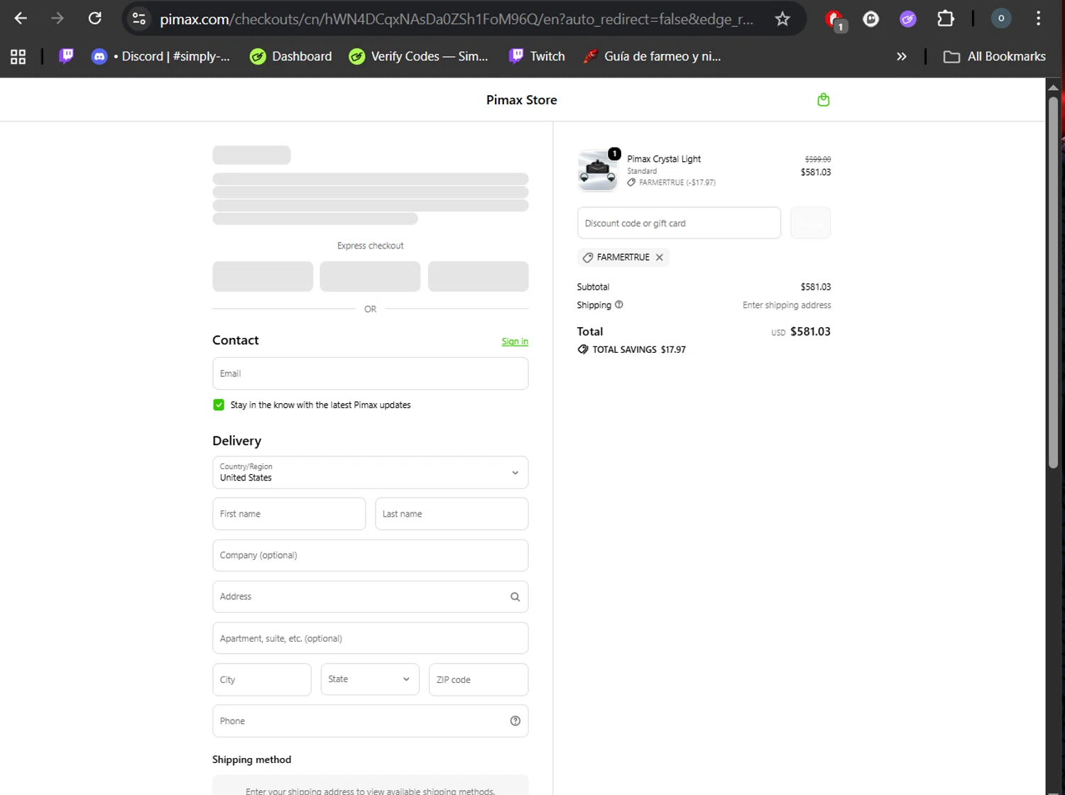 Pimax discount code screenshot showing code farmertrue applied at Pimax checkout page. Uploaded by SimplyCodes community member DealHero3744 on Oct 17, 2025