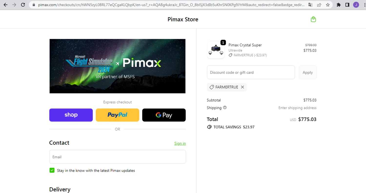Pimax discount code screenshot showing code farmertrue applied at Pimax checkout page. Uploaded by SimplyCodes community member Intel_VS_AMD on Dec 3, 2025