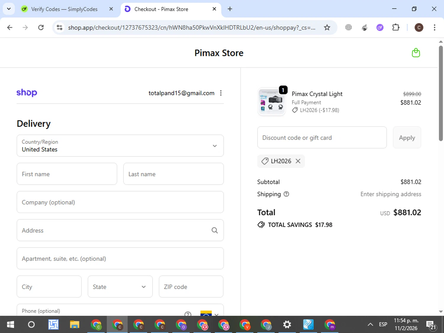 Pimax checkout page showing Pimax discount code box | Screenshot taken by SimplyCodes community member on Feb 12, 2026