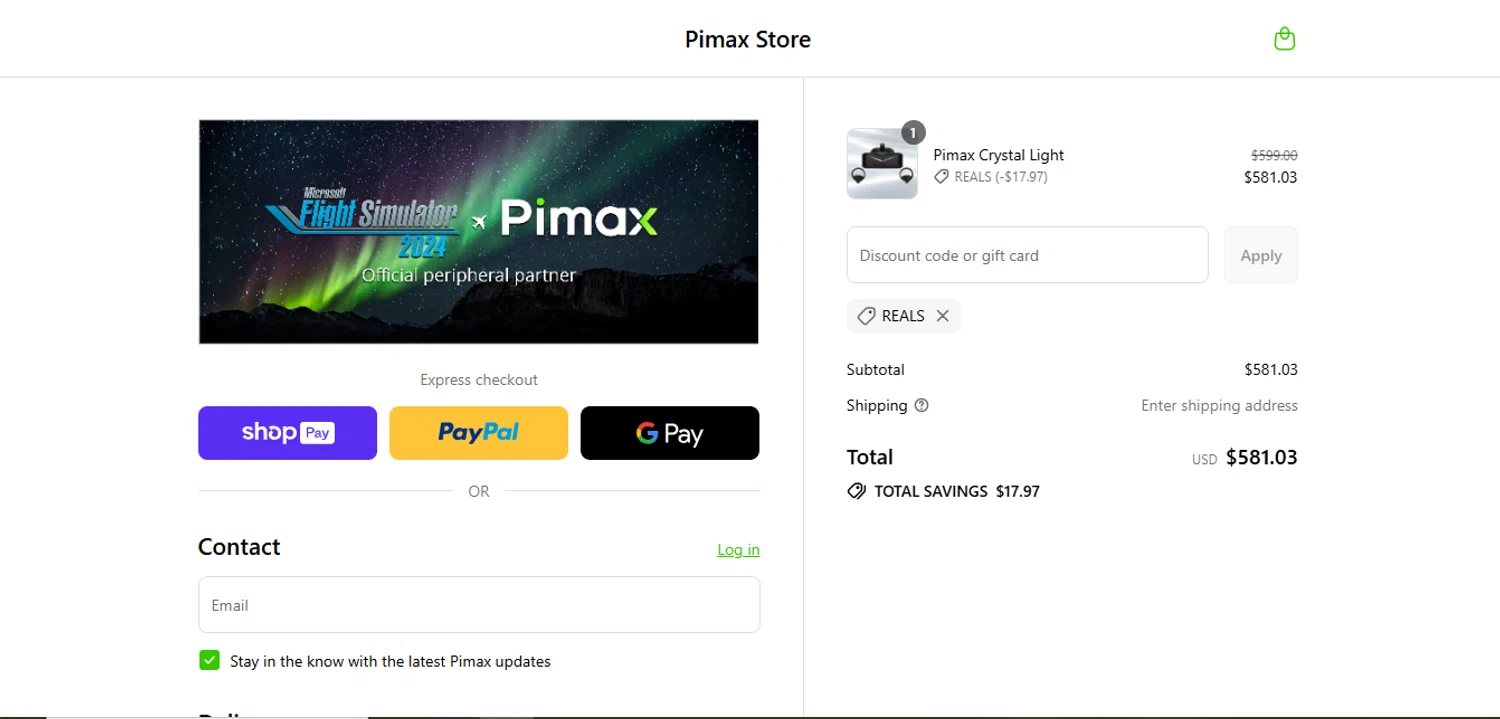 Pimax discount code screenshot showing code Reals applied at Pimax checkout page. Uploaded by SimplyCodes community member juanisaac on Aug 22, 2025
