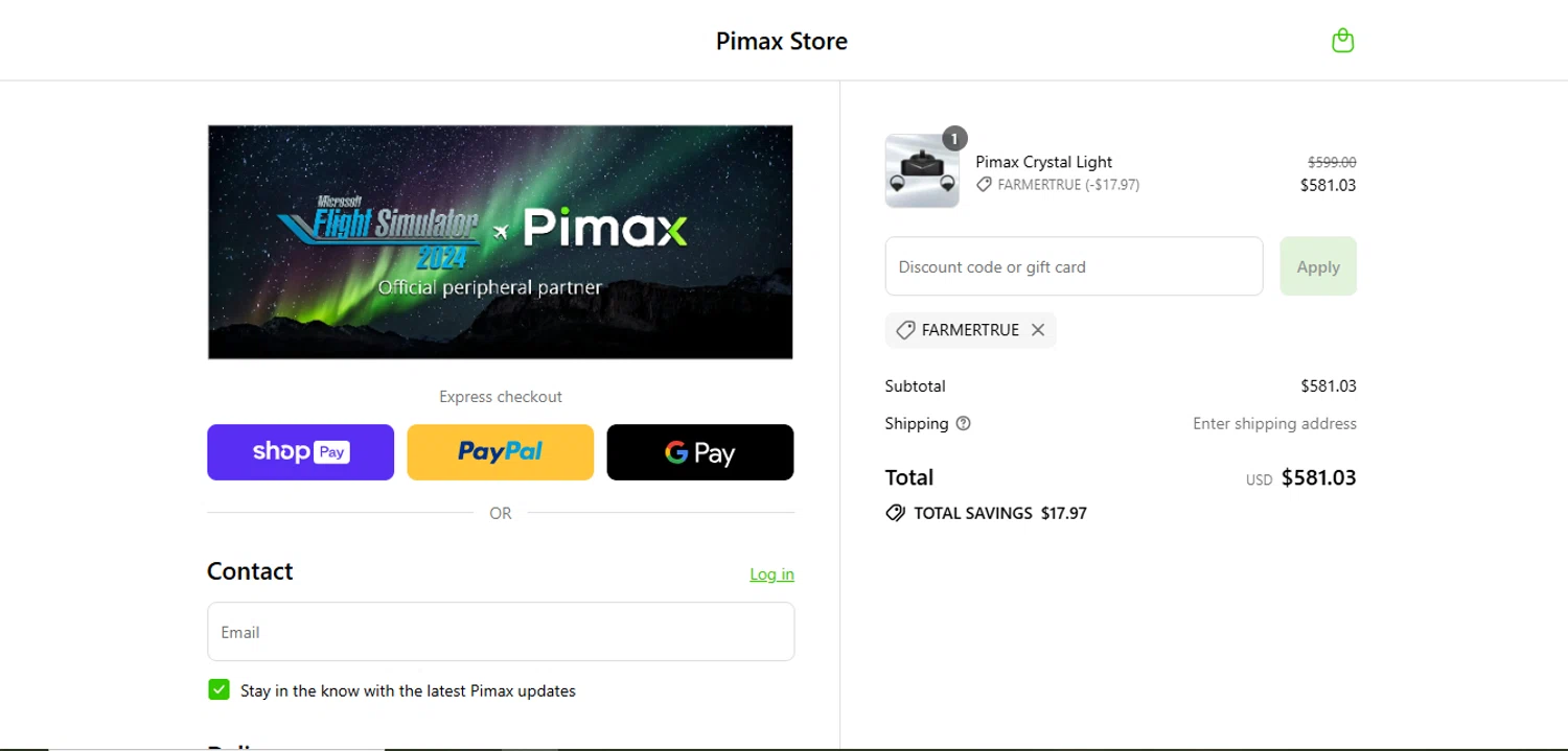 Pimax discount code screenshot showing code farmertrue applied at Pimax checkout page. Uploaded by SimplyCodes community member juanisaac on Aug 22, 2025