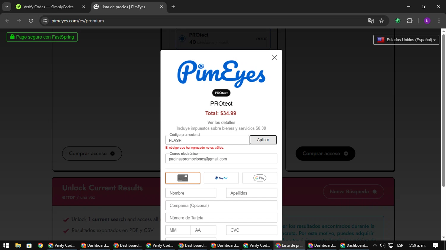 PimEyes promo code screenshot showing code FLASH applied at PimEyes checkout page. Uploaded by SimplyCodes community member NATAAAAAANAELCANO on Mar 12, 2025