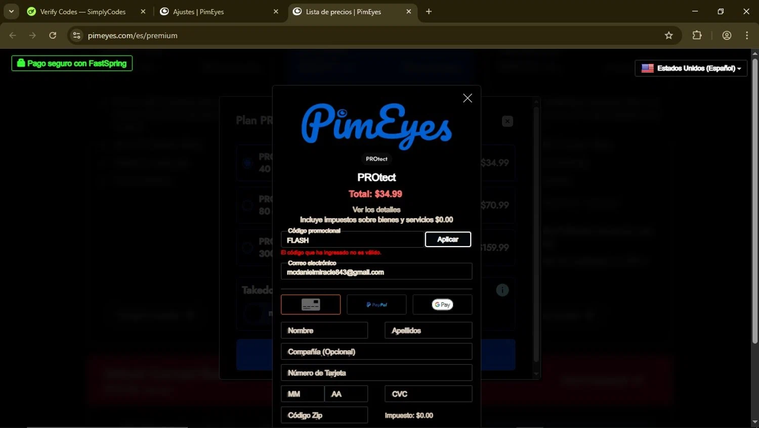 PimEyes promo code screenshot showing code FLASH applied at PimEyes checkout page. Uploaded by SimplyCodes community member FrugalSeeker3437 on Mar 23, 2025