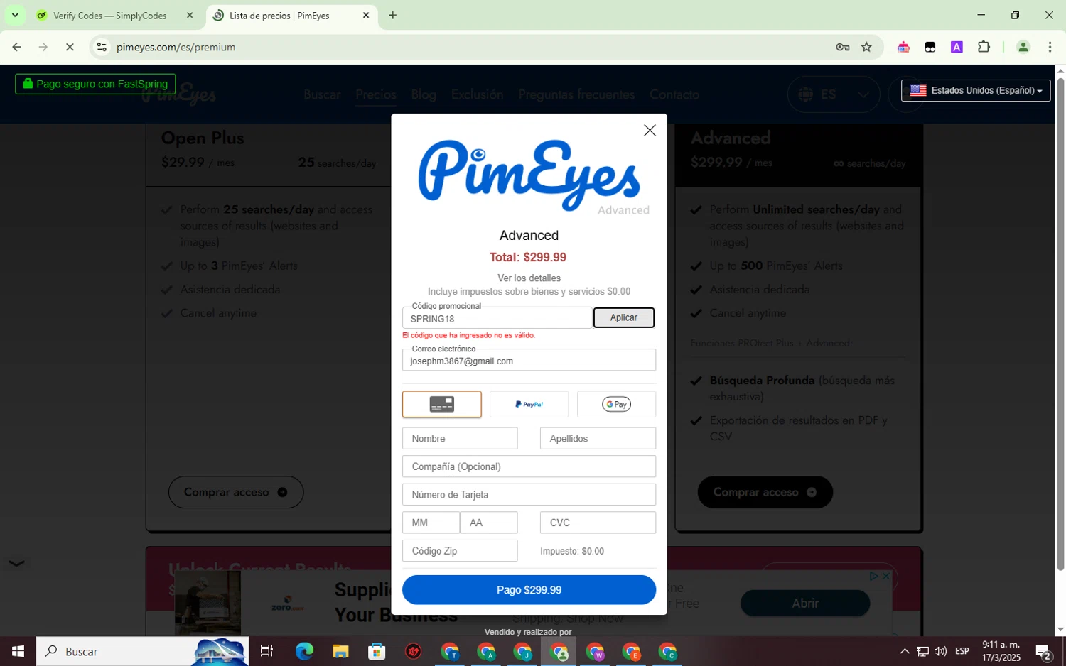 PimEyes promo code screenshot showing code SPRING18 applied at PimEyes checkout page. Uploaded by SimplyCodes community member SmartWhiz1165 on Mar 17, 2025