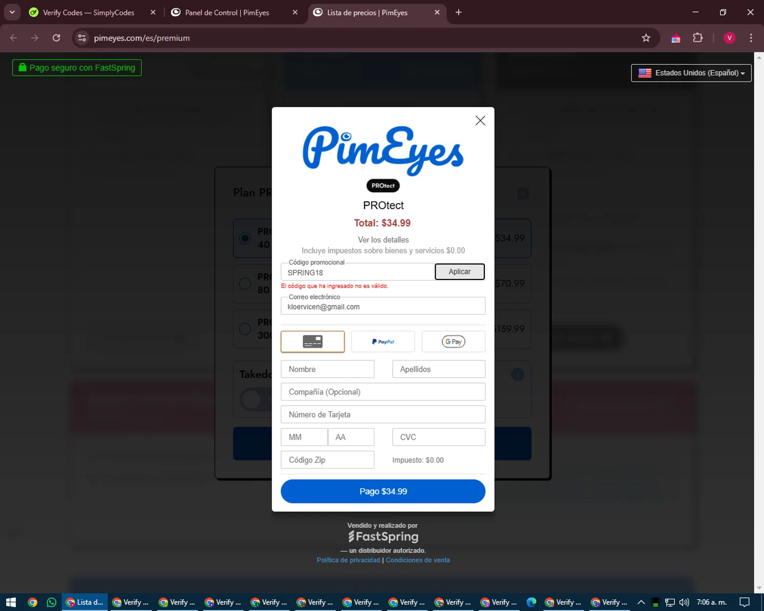 PimEyes promo code screenshot showing code SPRING18 applied at PimEyes checkout page. Uploaded by SimplyCodes community member ShieldEagle6102 on Mar 4, 2025