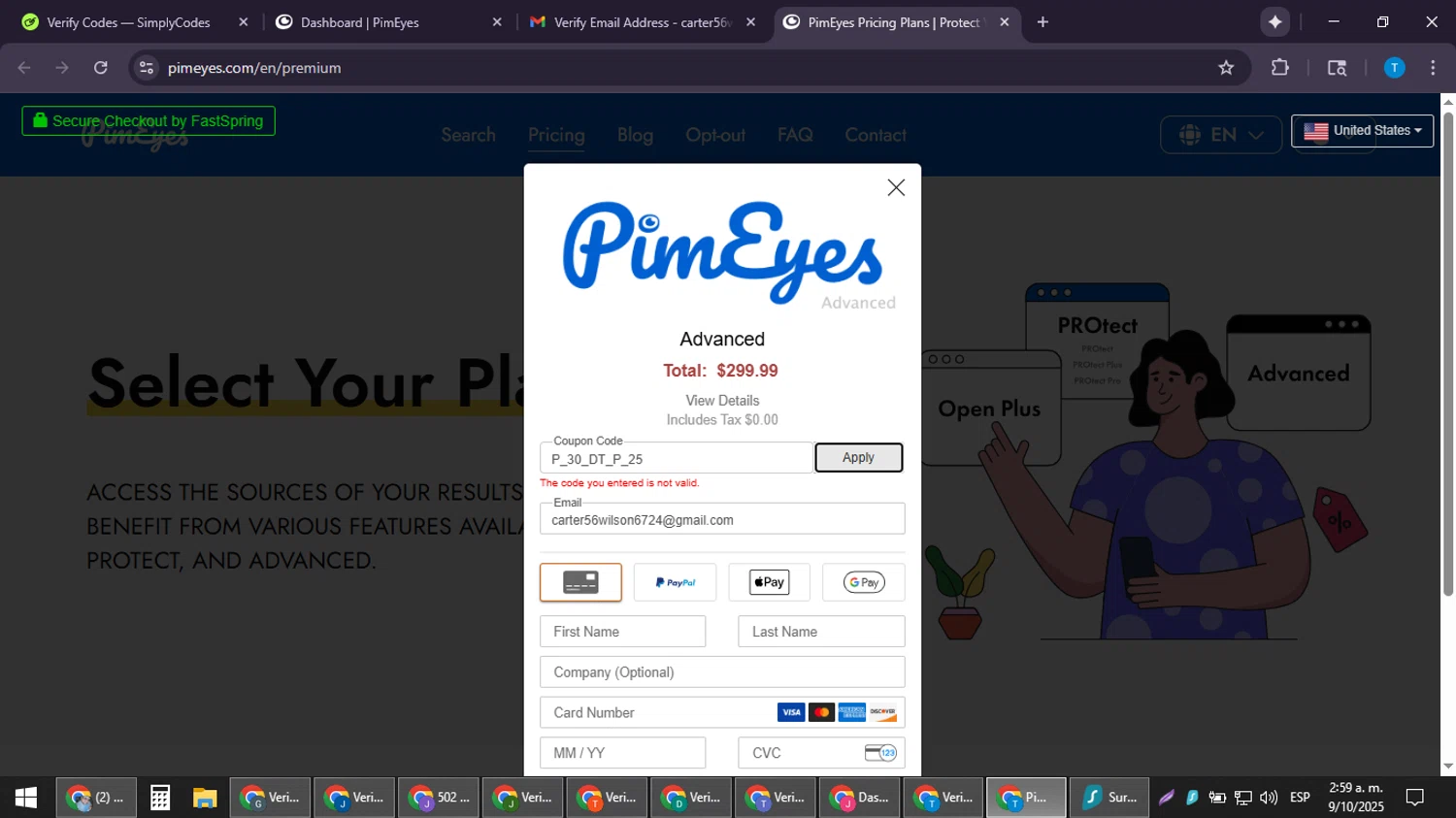 PimEyes promo code screenshot showing code P_30_DT_P_25 applied at PimEyes checkout page. Uploaded by SimplyCodes community member LuckyPioneer4530 on Oct 9, 2025