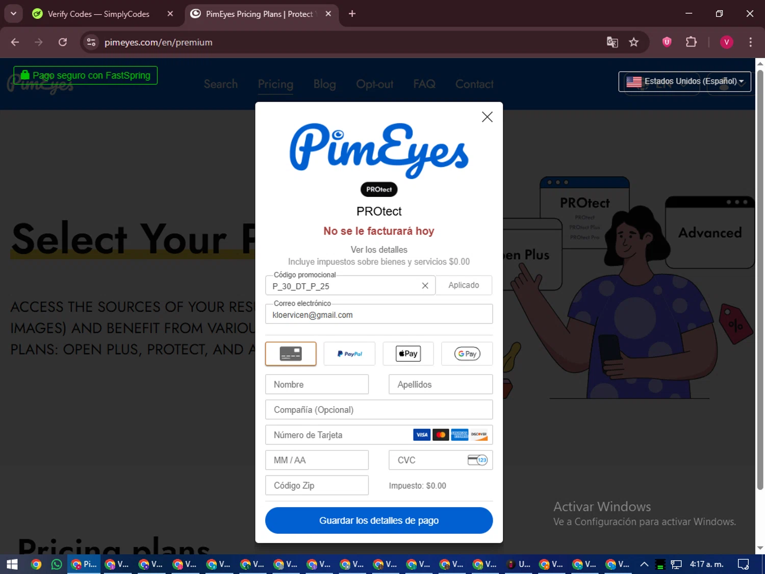 PimEyes checkout page showing PimEyes promo code box | Screenshot taken by SimplyCodes community member on Sep 24, 2025