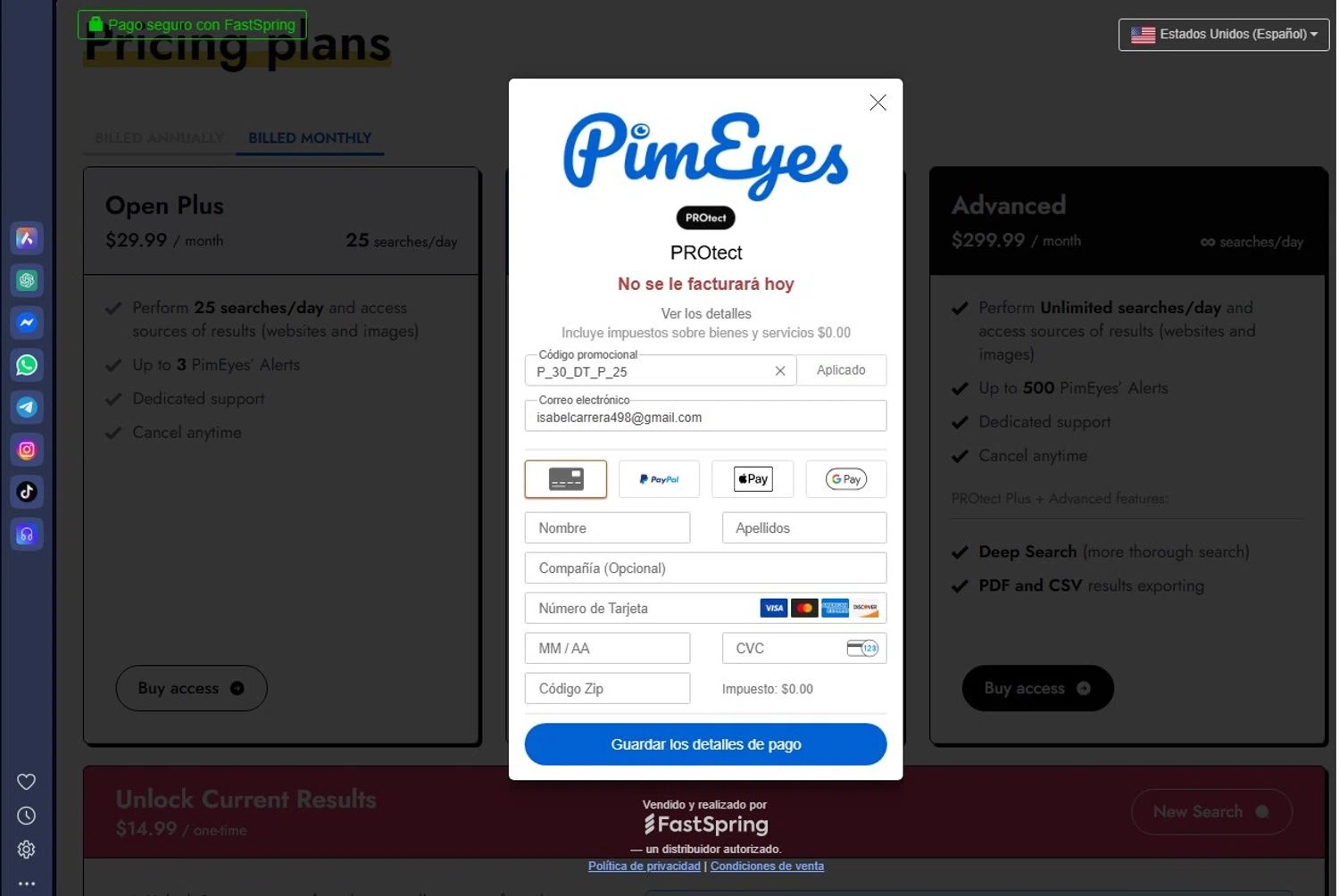 PimEyes checkout page showing PimEyes promo code box | Screenshot taken by SimplyCodes community member on Sep 9, 2025