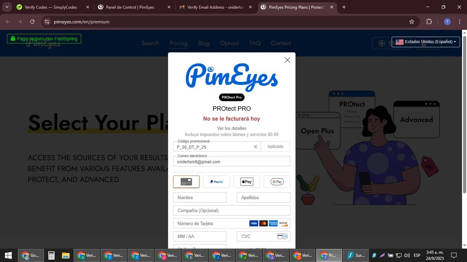 PimEyes checkout page showing PimEyes promo code box | Screenshot taken by SimplyCodes community member on Sep 24, 2025